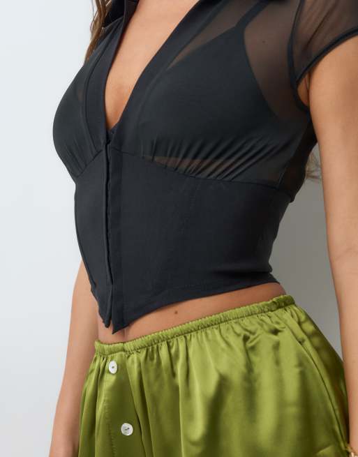 ASOS DESIGN - top corsé de malla con cintura de bengalina y cierre de corchetes en negro, 3 de 4