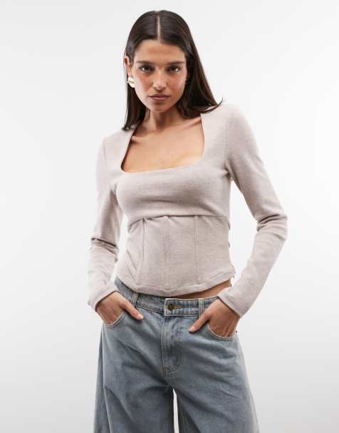 ASOS DESIGN top corsé de manga larga con cuello cuadrado y espiga cepillada en crema - view 1