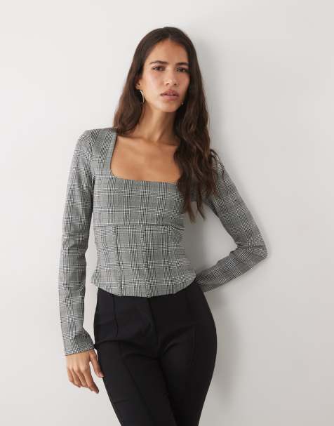 ASOS DESIGN top corsé de manga larga con escote cuadrado y acabado cepillado en estampado a cuadros - view 1