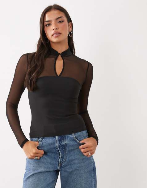 ASOS DESIGN top corset bandage en mesh à manches longues col mao noir - view 1