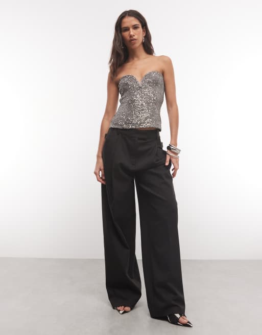 ASOS DESIGN top corset bandeau à décolleté plongeant entièrement orné de sequins, gris métal, 2 de 4