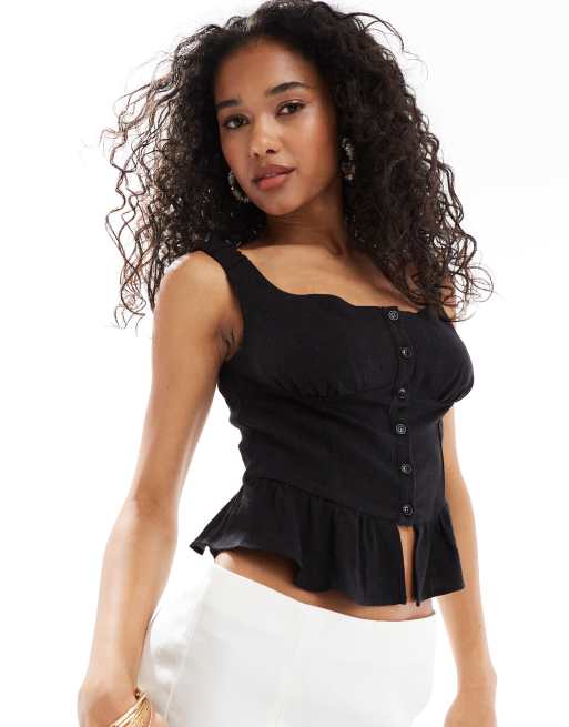 ASOS DESIGN - Top corset boutonné en aspect lin - Noir