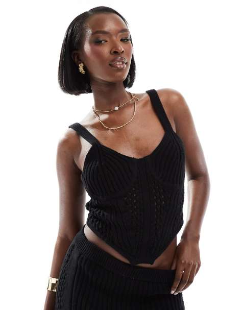 ASOS DESIGN - Top corset d'ensemble en maille crochetée - Noir - view 1