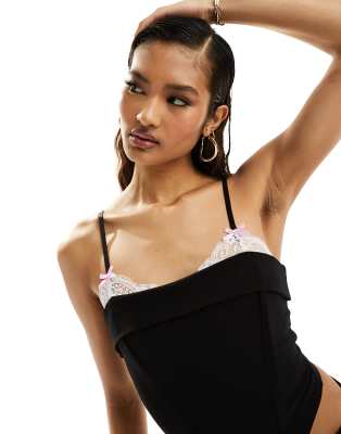 ASOS DESIGN fold over corset top with contrast lace inserts in black co-ord - ASOS Price Checker