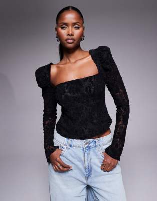 ASOS DESIGN - Top corset en dentelle à manches longues - Noir