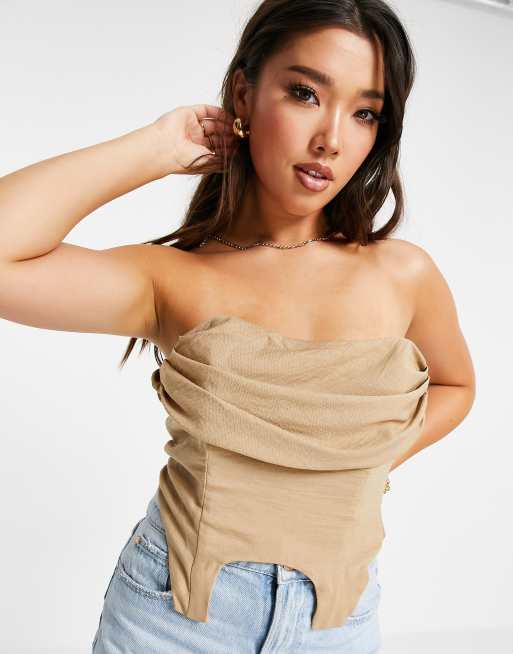 ASOS DESIGN - Top corset en tissu aspect lin avec détail drapé sur le buste - Camel
