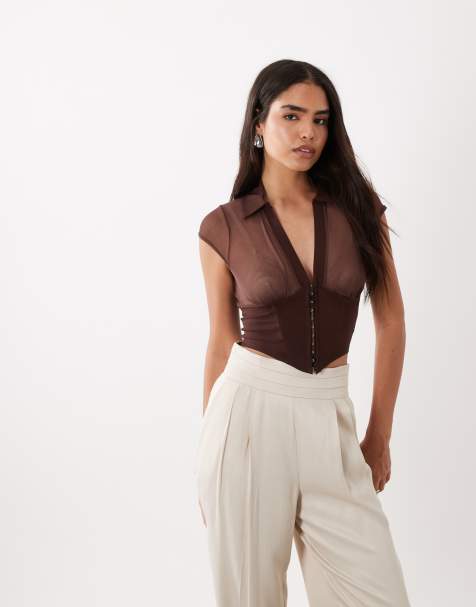 ASOS DESIGN - Top corset en tulle avec fermeture à agrafes en bengaline à la taille - Marron - view 1