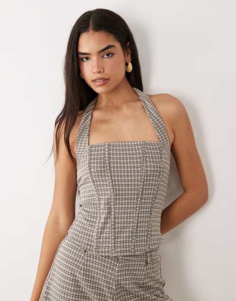 ASOS DESIGN - Top corsetero marrón a cuadros con cuello halter de tejido cepillado Mix & Match - view 1