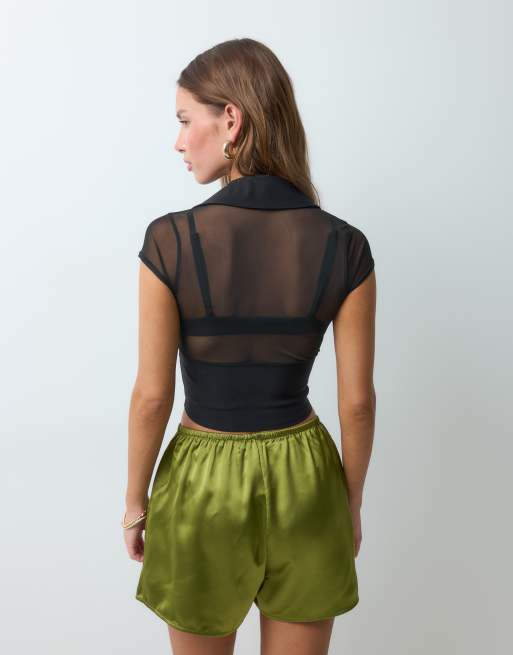 ASOS DESIGN top corsetto in rete con chiusura a ganci e occhielli in bengalina in nero, 4 di 4