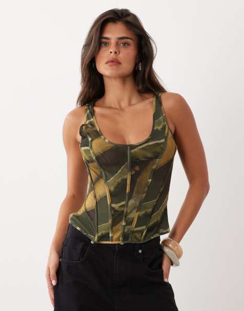 ASOS DESIGN top corsetto in rete con stampa astratta kaki - view 1