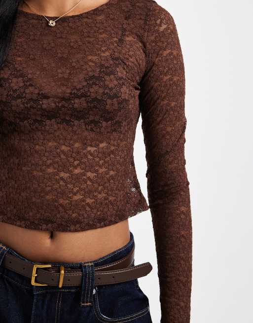 ASOS DESIGN - Top corto a maniche lunghe color cioccolato in pizzo trasparente, 2 di 4
