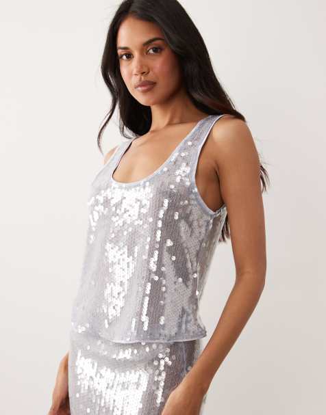 ASOS DESIGN - Top corto azul de tirantes con cuello ancho de lentejuelas efecto vidrio (parte de un conjunto) - view 1
