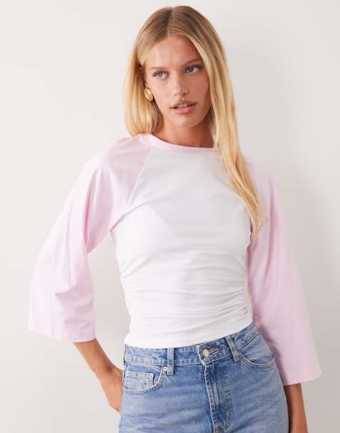 ASOS DESIGN - Top corto con mangas en contraste y cintura ajustada en rosa claro y blanco - view 1