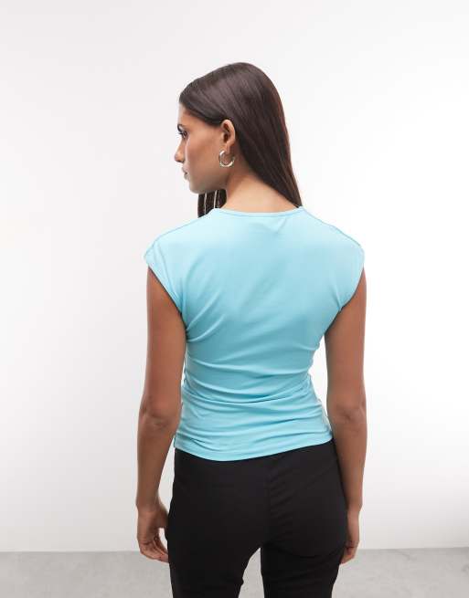 ASOS DESIGN top corto con scollo profondo, davanti aperto e maniche corte arricciato in blu turchese, 4 di 4
