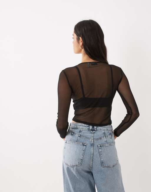 ASOS DESIGN - top corto de manga larga de malla en negro, 3 de 4