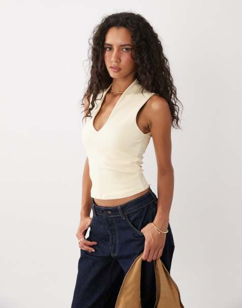 ASOS DESIGN top corto in cotone con scollo profondo color buttermilk - view 1
