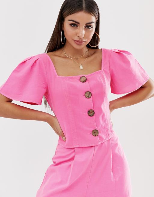 ASOS DESIGN - Top corto in lino fluo con bottoni