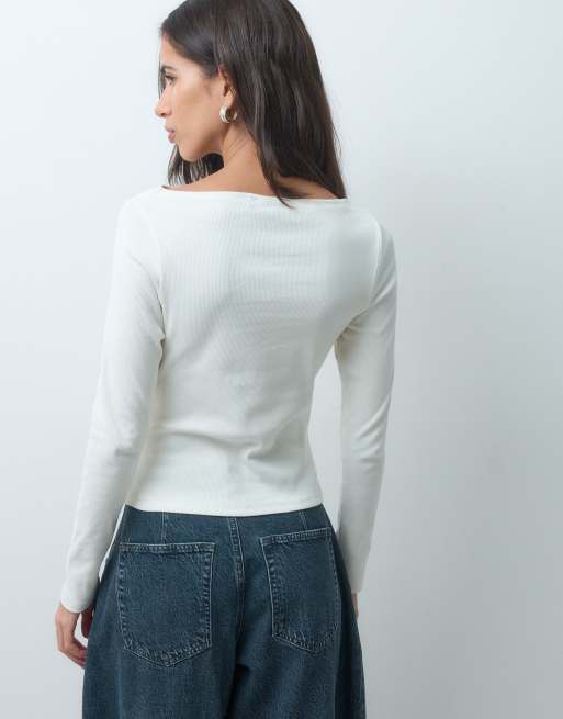 ASOS DESIGN top côtelé à col bateau, manches longues, boutonné, ivoire, 4 de 4