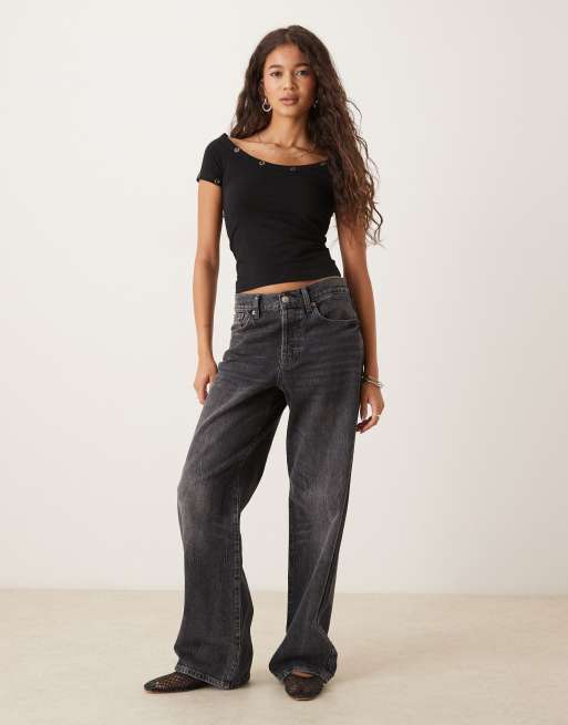 ASOS DESIGN - Top côtelé à manches courtes avec encolure large ornée de clous - Noir, 3 de 4