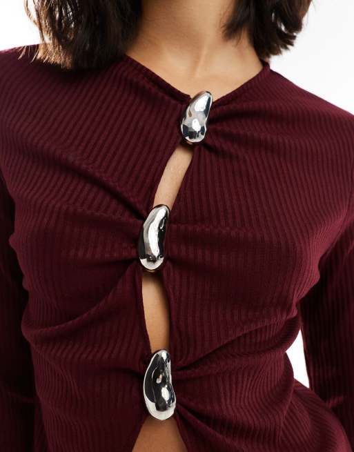 ASOS DESIGN - Top côtelé à manches longues avec boutons argentés - Bordeaux, 2 de 4