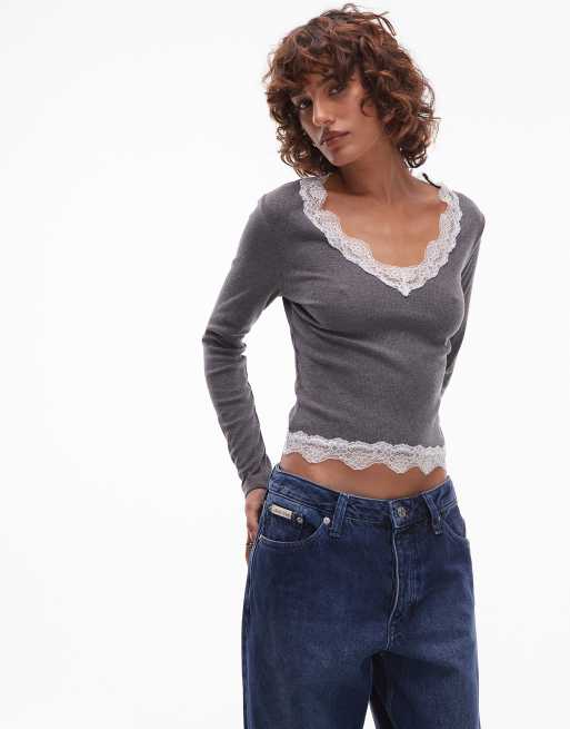 ASOS DESIGN - Top côtelé à manches longues avec détails en dentelle - Anthracite, 2 de 4