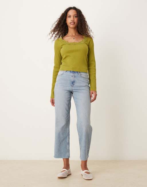 ASOS DESIGN - Top côtelé à manches longues et col rond avec détails en dentelle - Vert, 3 de 4