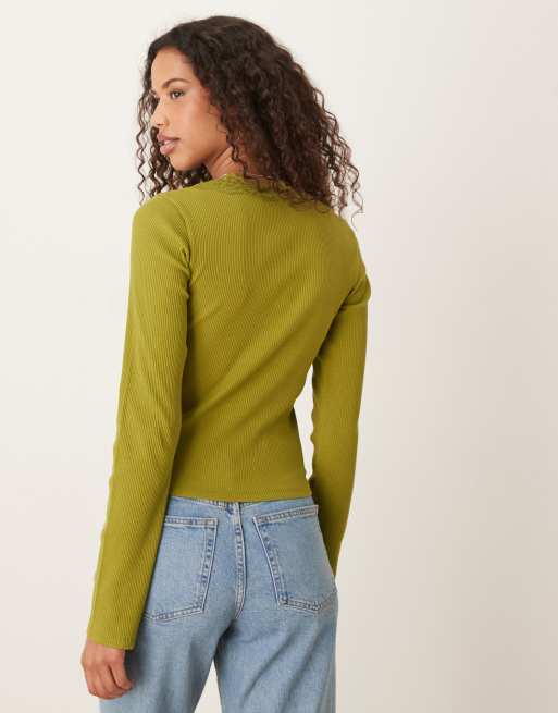 ASOS DESIGN - Top côtelé à manches longues et col rond avec détails en dentelle - Vert, 4 de 4