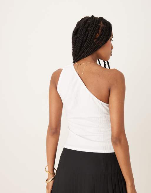 ASOS DESIGN - Top côtelé asymétrique avec détail métallique doré - Crème, 2 de 4