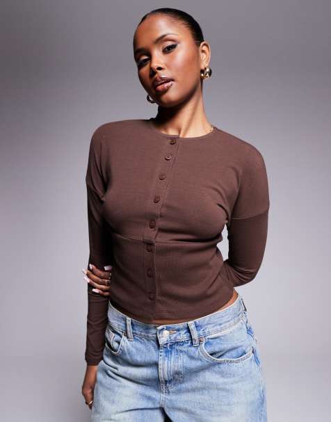 ASOS DESIGN - Top côtelé boutonné à manches longues avec détail aux poignets - Chocolat - view 1