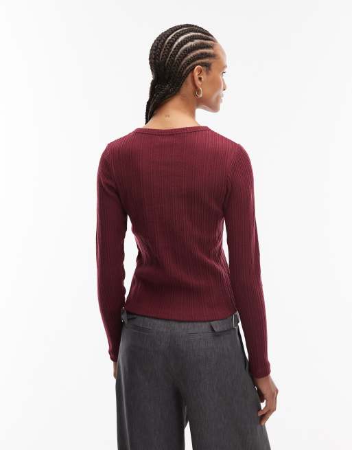 ASOS DESIGN - Top côtelé brossé ultra-doux à manches longues et boutons asymétriques - Bordeaux, 3 de 4