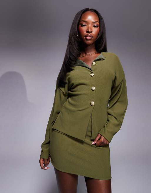 ASOS DESIGN - Top côtelé d'ensemble structuré à boutons dorés et manches bouffantes - Olive