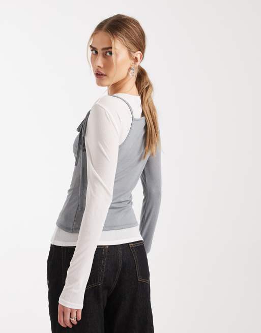 ASOS DESIGN - Top côtelé double épaisseur à manches longues et détails noués - Crème et gris, 4 de 4