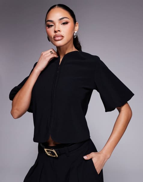 ASOS DESIGN - Top côtelé et structuré avec agrafes à manches bouffantes - Noir - view 1