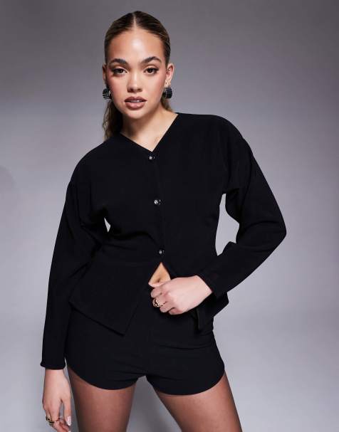 ASOS DESIGN - Top côtelé et structuré boutonné d'ensemble à manches ballon - Noir - view 1