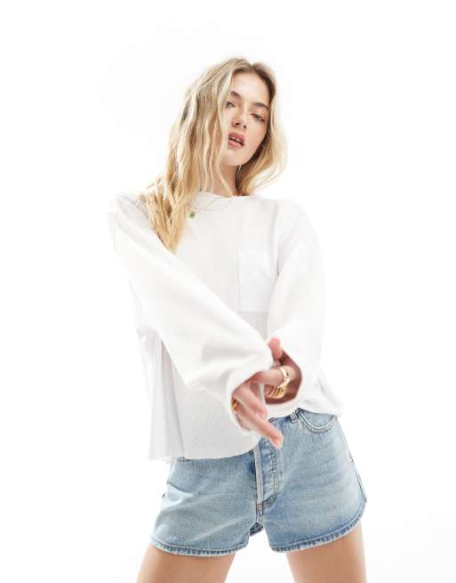 ASOS DESIGN - Top côtelé flammé effet dévoré à manches longues - Blanc