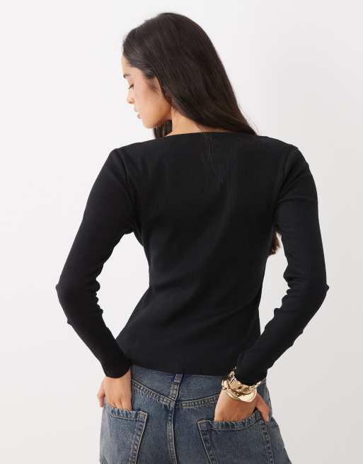ASOS DESIGN top côtelé sculptant à boutons avec sous-couche en dentelle noir, 4 de 4
