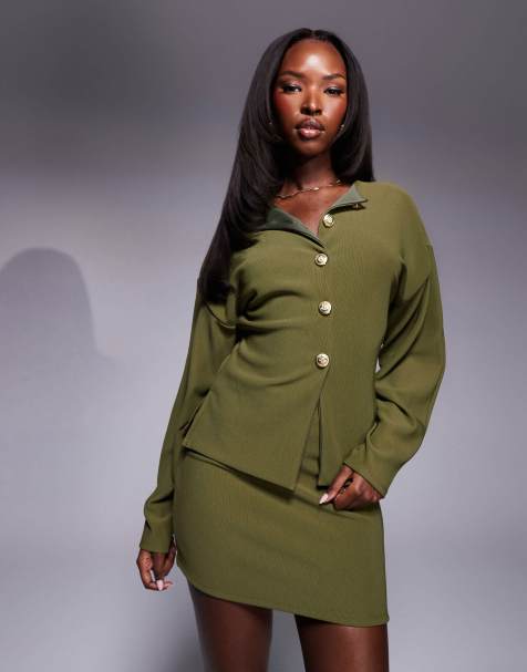 ASOS DESIGN - Top côtelé structuré à boutons dorés et manches bouffantes - Olive - view 1