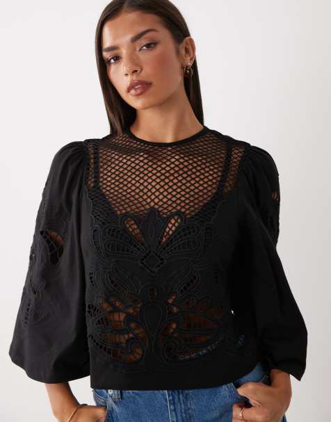 ASOS DESIGN top coupe carrée avec motif ajouré noir - view 1