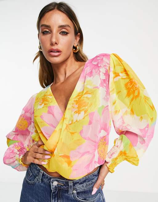 ASOS DESIGN - Top croisé à décolleté profond et imprimé fleurs vif