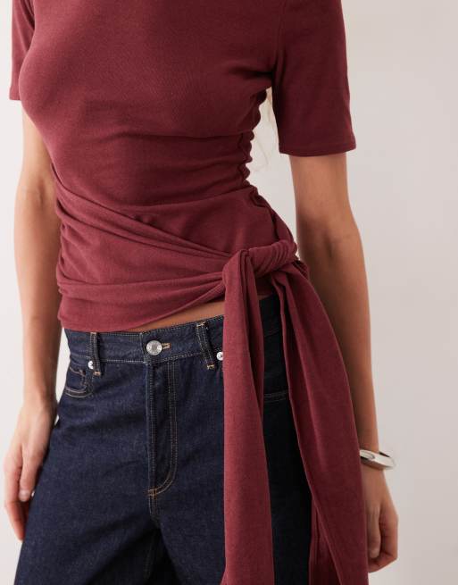 ASOS DESIGN top cruzado con lazada supersuave en burdeos, 3 de 4