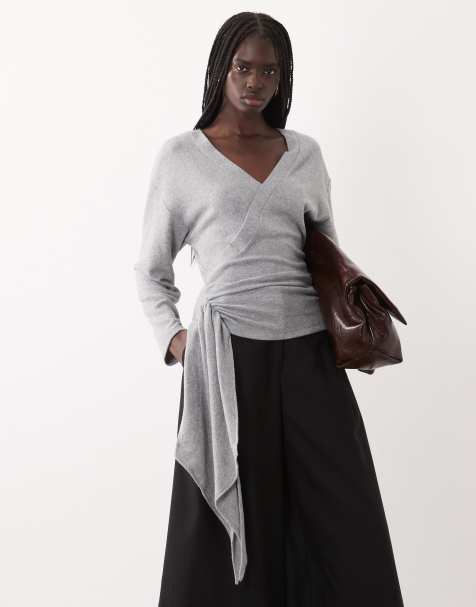 ASOS DESIGN top cruzado de manga larga con detalle de lazada en gris jaspeado - view 1