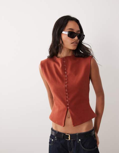 ASOS DESIGN - top de algodón compacto con botones en la manga en color óxido - view 1