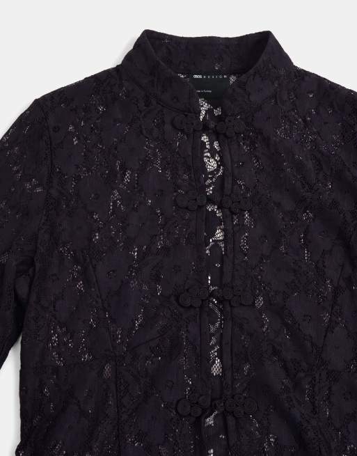 ASOS DESIGN - top de encaje de conjunto con ribete mandarín y manga larga en negro, 7 de 8