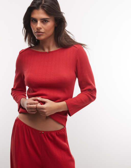 ASOS DESIGN - Conjunto de estar por casa rojo de punto pointelle, 3 de 4