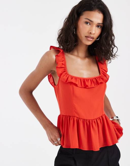 ASOS DESIGN - top de gasa con detalle de volantes en rojo, conjunto, 3 de 4
