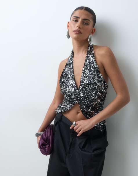 ASOS DESIGN top de lentejuelas con escote pronunciado en plateado y negro - view 1