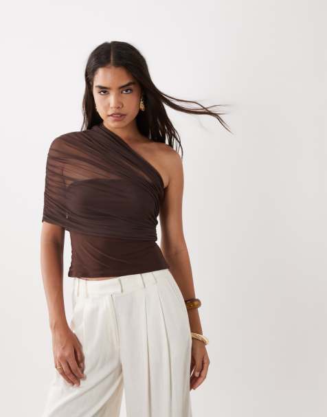 ASOS DESIGN - top de malla asimétrico marrón - view 1