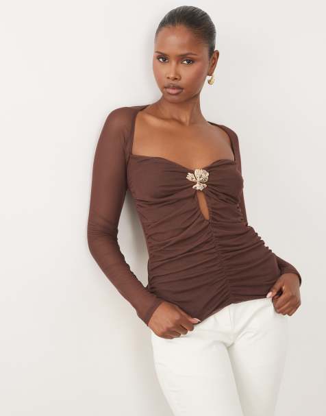 ASOS DESIGN - top de malla con cuello cuadrado y fruncido con detalle de ribete en el busto en chocolate - view 1