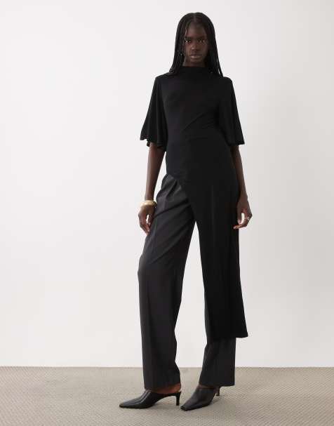 ASOS DESIGN top de manga ángel media con cuello integrado y abertura lateral en negro - view 1