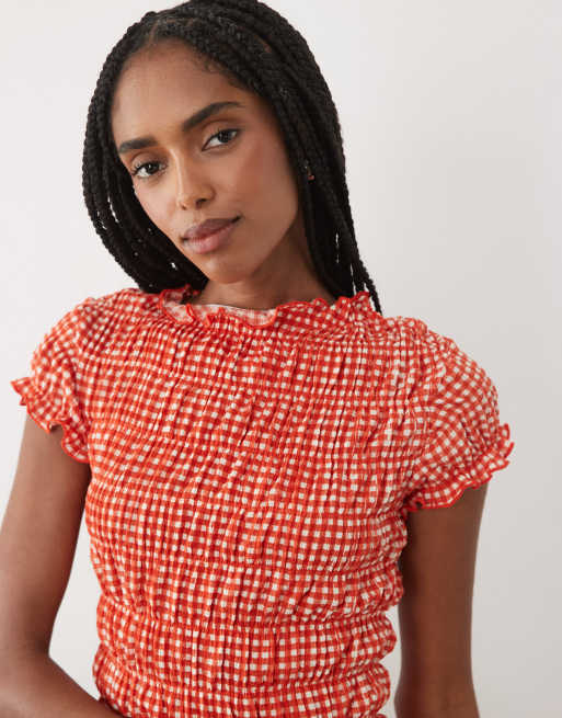 ASOS DESIGN - top de manga corta fruncido con estampado de cuadros vichy rojo, 4 de 4